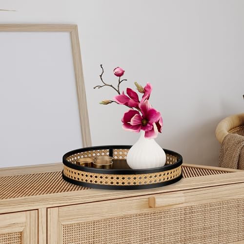 Bandeja redonda decorativa de ratán negro y natural Relaxdays de 30 cm para velas 3