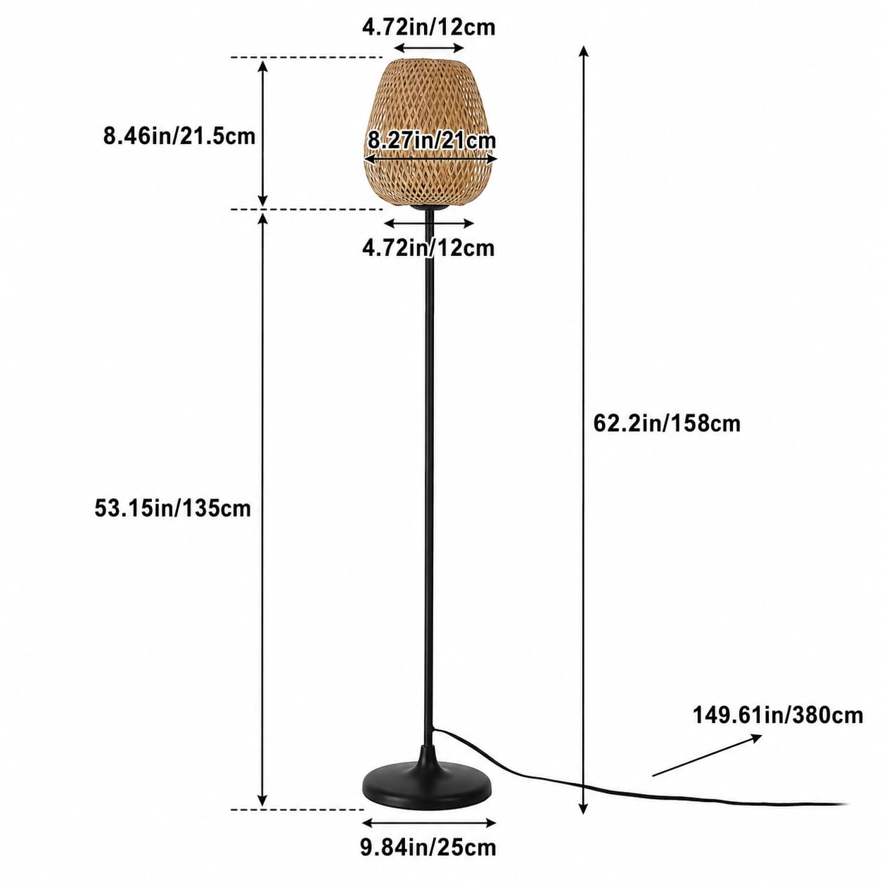 Alpinaluz Stehlampe E27 Naturschirm Weide Bambus Schwarzer Fuß | Handgeflochtener Schirm und schwarzer Metallfuß, nordischer Boho-Stil für Wohnzimmer, Schlafzimmer, Sofa und Leseecke