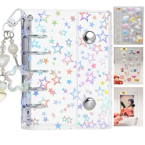 Muratuki 透明バインダー 星柄 シール収納手帳M5,プラバン ミニ ポケットサイズ【バインダー×1個 リフィル×20枚 下敷き×2枚 ミニ財布×1個】3層構造PPシート カードスリーブ 推し活収納 剥がせるシール台紙 女の子 コラージュノート クリア手帳 プリ帳 システム手帳 (シルバー)