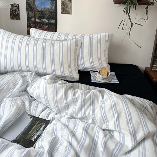 Image of mixinni Vintage Blue & White Striped Duvet Cover Set - 3 Piece 100% Washed Cotton Twin XL Size Bedding | Minimalist Relaxed Style | Ultra Soft Breathable, with Zipper Closure & Corner Ties