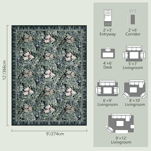 Image of Washable Area Rugs 9x12 Black Green Vintage Floral Botanical Pattern,Perfect for Living Room, Bedroom, Kids Room, Nursery - Stain & Water Resistant Non-Slip, Pet & Child Friendly /Bedroom Decor