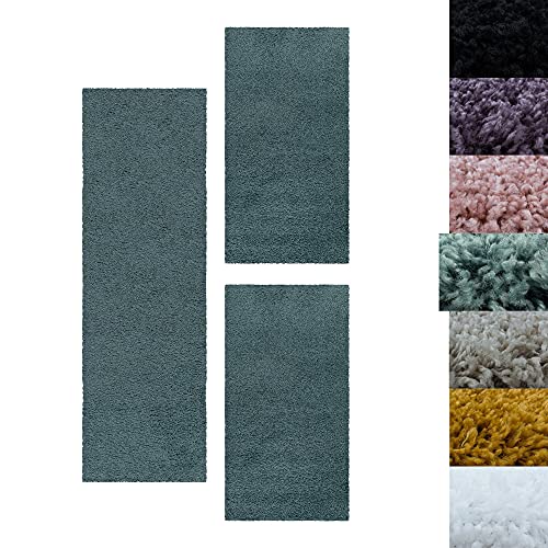 SIMPEX Bettumrandung Schlafzimmer 3teilig Shaggy Hochflor Teppich Aqua Bettset: 2 mal 80x150 + 1 mal 80x250 - Schlafzimmer Teppich 3 Teilig Läufer Extra Weich Flauschig Bettvorleger Läuferset Halı