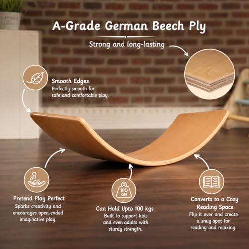 Image of Ariro Wooden Wobble Balance Board for Kids & Toddlers | Montessori Curvy Board | Builds Confidence & Creativity | Beech Wood | Age 9M to Adult