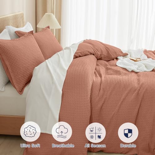 Image of PHF Waffle Weave Duvet Cover Set King Size, No Snagging Ultra Soft Luxury Textured Breathable Comforter Cover for All Season 3pcs, Durable Bedding Duvet Set with 2 Pillow Shams, 104 inchx90 inch, Terra Cotta