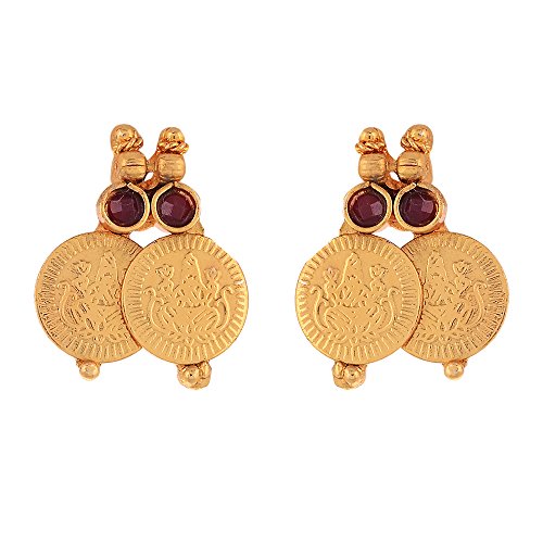 Image of ZENEME Jewellery Set Gold Plated Long Traditional Maharani Beads Studded Temple Coin Necklace Set with Earrings Jewellery For Women & Girls