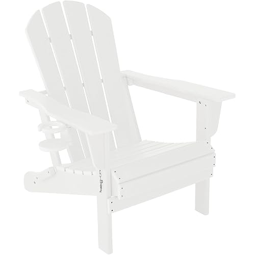 Folding Adirondack Chair Gardens, Fire Pit Chair with Plastic Cup Holder, Decks, Seaside Weather Resistant, Waterproof, Easy to Assemble (White)