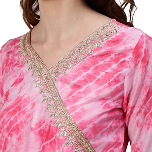 Image of ishin Women's Silk Tie & Dye Zari Embroidered Anarkali Kurta Trouser Dupatta Set