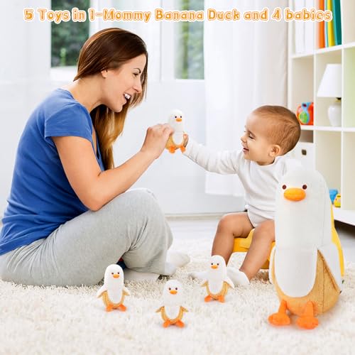 Image of Auspicious beginning 5 PCS Banana Duck Plush Stuffed Animal Family, 20'' Cute Banana Duck Mommy with 4 Baby Plushies Kawaii Plush Toy Birthday Gifts for Kids Boys Girls