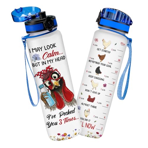 GEPOSTORE Chicken Water Bottle 32oz with Time Marker, Funny Hen Farm Gift