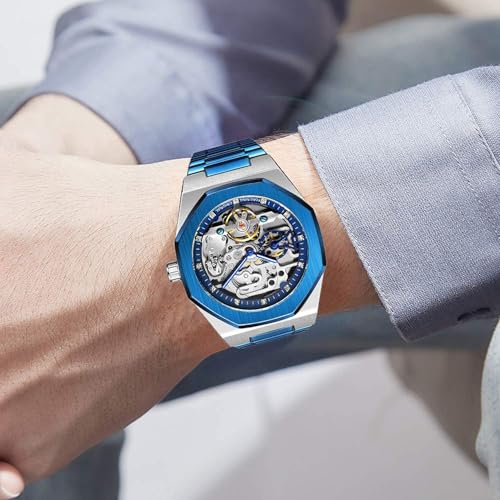 Image of FORSINING Vintage Watch for Men Engraved Automatic Self-Wind Mechanical Big Dial Luminous Moon Phase Golden Hollow Tattoo Pattern Wrist Watches, Mechanical