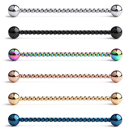 Ruifan 6PCS 14 Gauge Braided Bar Industrial Barbell Cartilage Earring Body Piercing Jewelry 1 1/2 Inch(38mm) - Mix Color