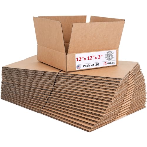 Image of Flat Cardboard Boxes 12 inchL x 12 inchW x 3 inchH (Pack of 20) - USA-Made Packing Boxes for Moving, Shipping, or Storage - USPS, UPS, FedEx Approved - Professional Packing Supplies for Moving