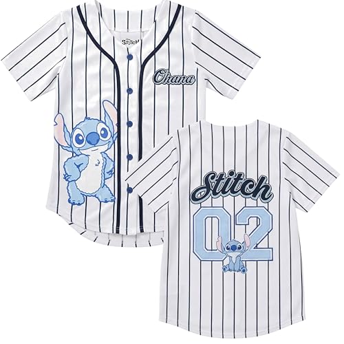 Image of Disney Lilo & Stitch Girls Baseball Jersey Shirt Button Down Kids Tee Stitch Angel Sizes 4-16