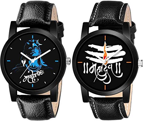 HIRA Black Mahadev Poster Tilak Men and Boy's Combo Watches