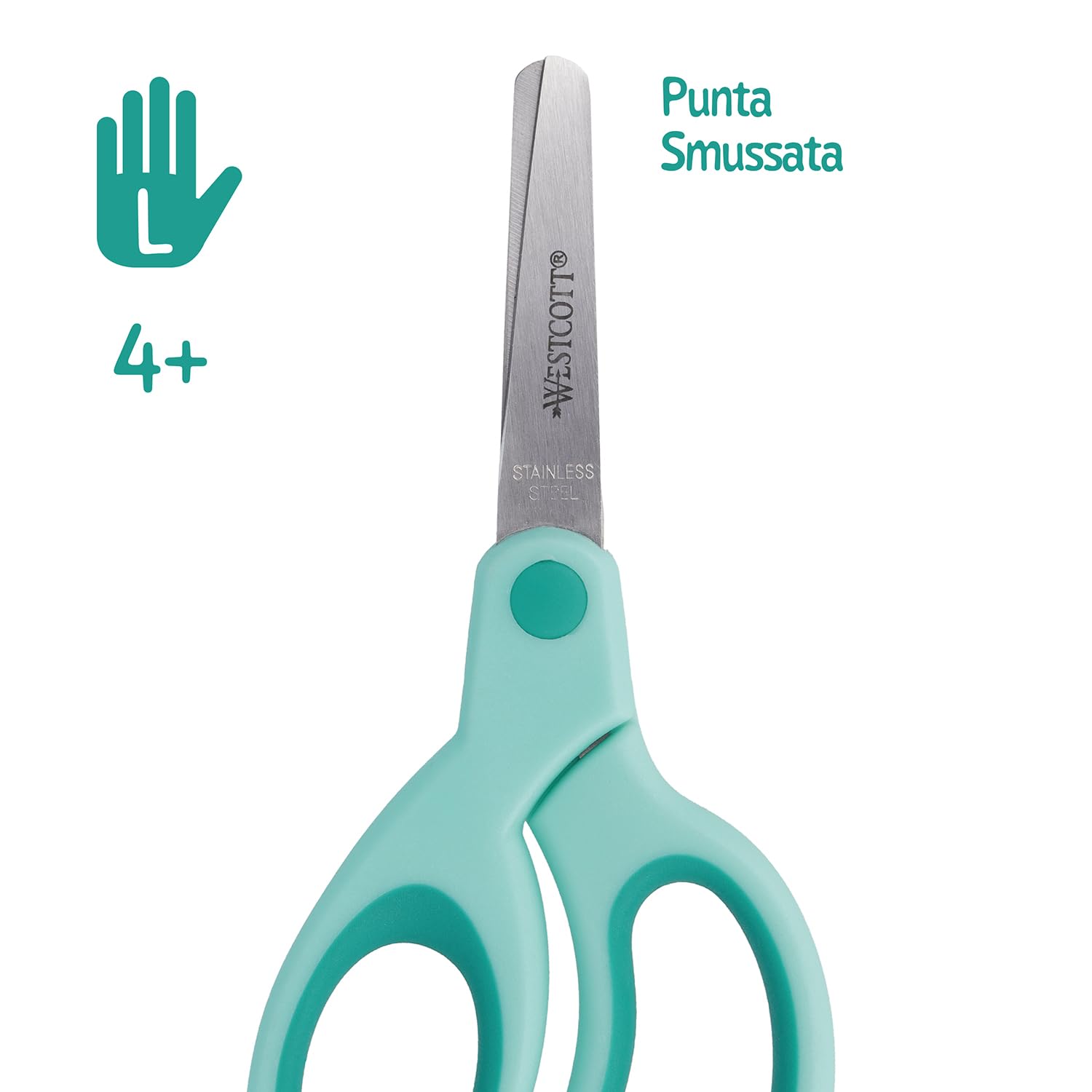 Westcott Forbici per bambini Softgrip turchese per mancini | Impugnatura ergonomica per bambini in età prescolare | 13 cm (5") ideali per le mani dei bambini | Punta arrotondata | E-21586 00