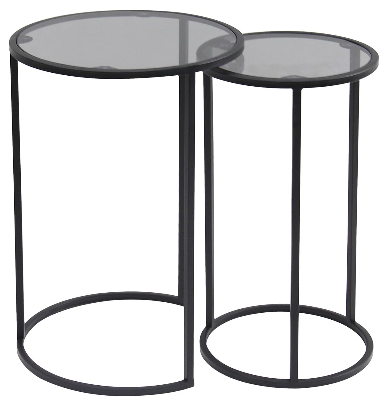 Hallowood Furniture Bourton Small Black Metal Round Nest of Tables Set of 2, Tinted Glass Top Coffee Table, Nesting Glass Side Tables For Living Room, Bedroom or Hallway