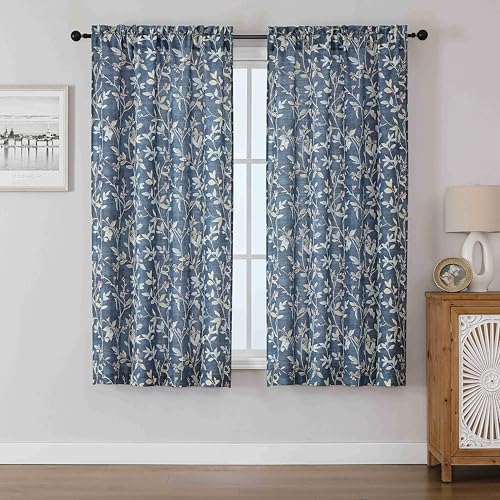 Image of Chyhomenyc Linen Blend Window Curtains 63 Inch Length 2 Panels, Light Filtering Floral Printed Curtain Drapes for Living Room, Rod Pocket Soft Bedroom Curtain Panels, 38Wx63L Inch, Blue