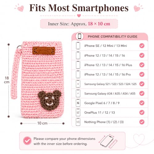 Image of Handmade Crochet Mobile Pouch for Women & Girls | Knitted Phone Holder with Wrist Strap | Cute Floral Aesthetic Mobile Cover Case | Soft Yarn Handmade Gift (Pastelpink)