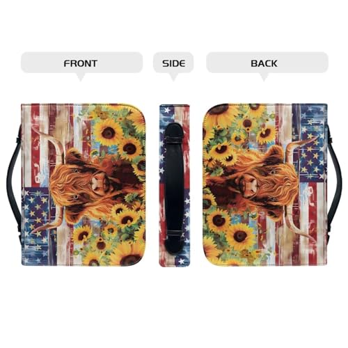 Poceacles American Flag Highland Cow Sunflower Bible Cover Bag Waterproof Bible Tote Bag Multi-Purpose Book Carrying Case Protector with Handle PU Leather Church Tote Organizer for Women Men, 2XL 7