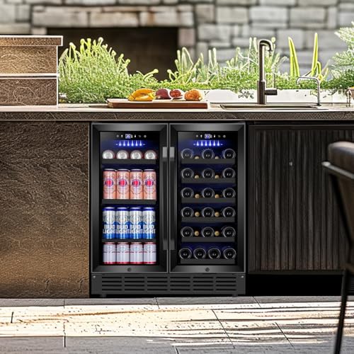 30'' Wine and Beverage Refrigerator, Upgrade Dual Zone Wine Cooler, 30 Inch Wine beverage Fridge Built in or Freestanding Under Counter Large Capacity Glass Door Advanced Cooling System,Black