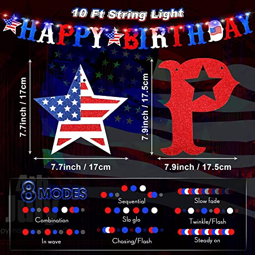 Happy Birthday Banner With Fairy String Light, 4Th Of July Independence Flag Day Birthday Decorations, Glitter Us Star Red White Blue Led Decor For Kids, 8 Modes 10 Feet String Light Party Supplies #TOP5