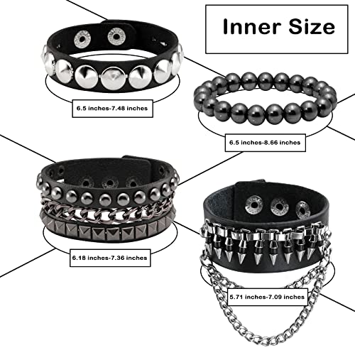 Eigso Punk Leather Cuff Bracelets for Men Women 80s Retro Hematite Rock Spikes Metal Cuff Wristband Set Adjustable for Man Woman2