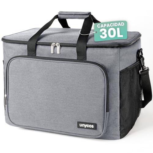 unycos - Bolsa Térmica Porta Alimentos【30L】 Nevera Portátil, Lunch Box Impermeable, Hermética e Isotérmica, Porta Fiambrera de Gran Capacidad para Almuerzo, Oficina, Viaje, Pícnic o Colegio (Gris)