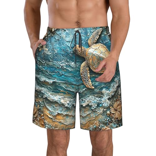 Mens Swim Trunks Board Shorts Quick Dry Shorts with Pockets - Ocean Turtle Sea Turquoise
