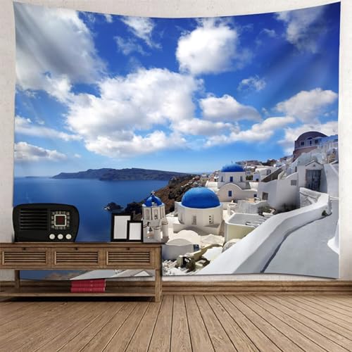 Tapisserie murale paysage nature 150x150cm ville côtière bleu gris pour décoration salon chambre