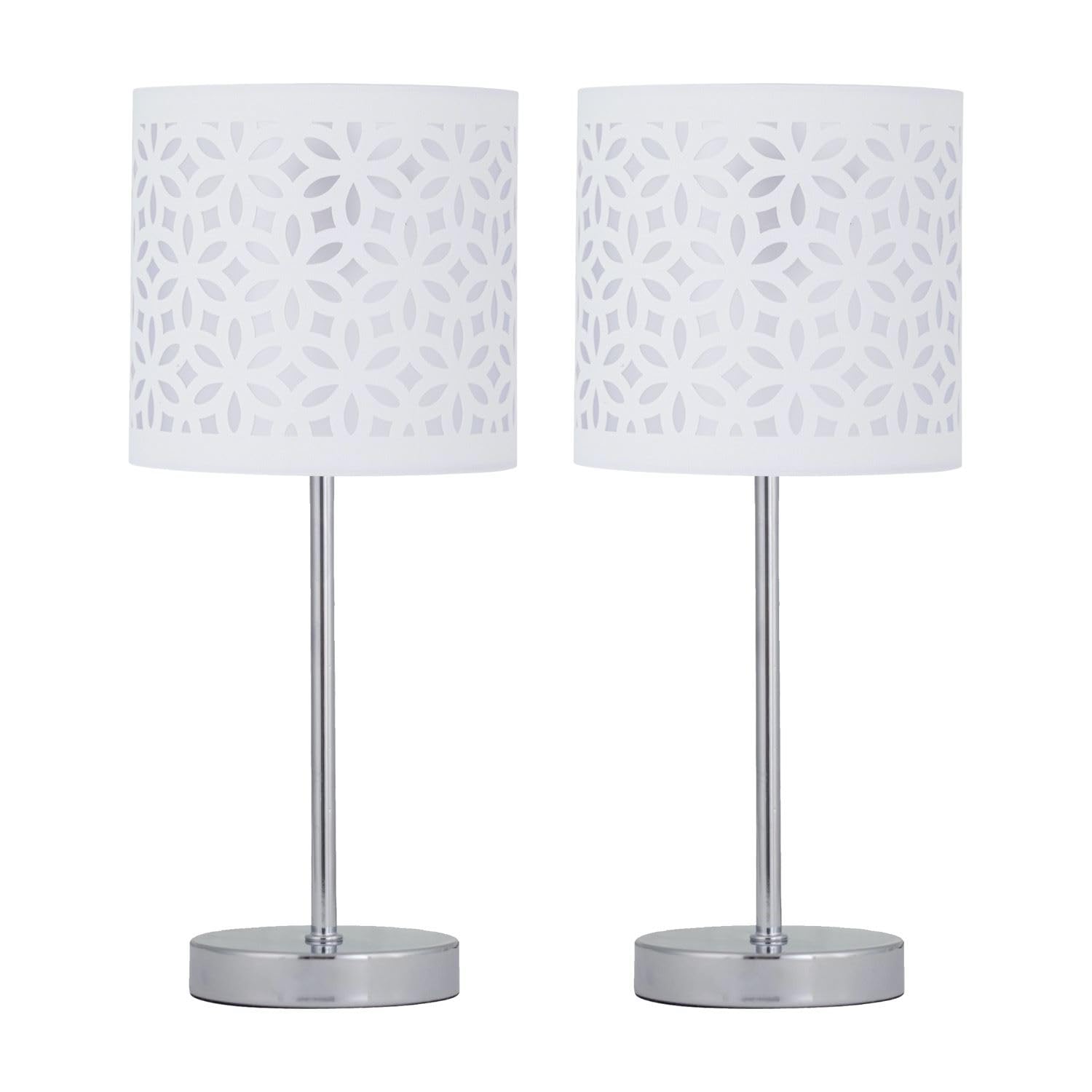 First Choice Lighting Set of 2 Chrome Stick Table Lamps - White Laser Cut Shades - 35cm Height