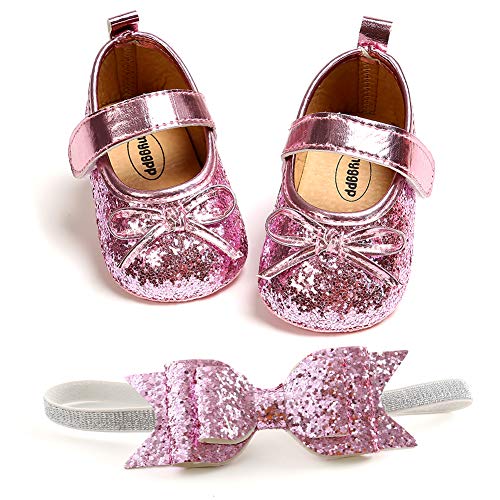 2pcs/Set Baby Girl Princess Mary Jane Flats Soft Toddler Infant Wedding Dresses Shoes with Headband (0-6 Months Infant, C-Pink)