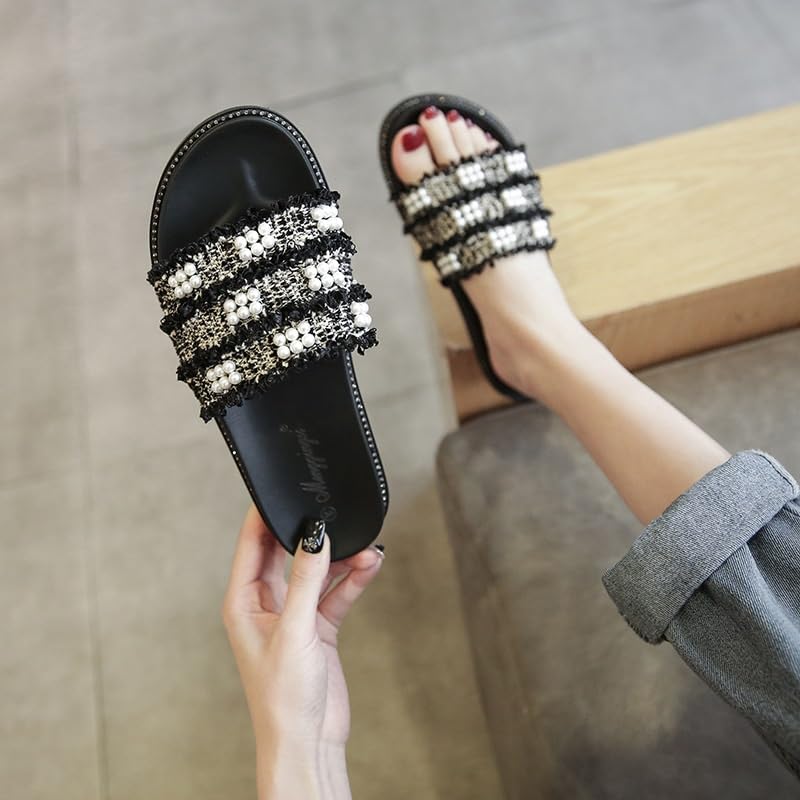 Cool Mop Women's Pearl Sequin Woven Versatile Sandals for External Wear in Oversized Slippers3