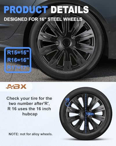 Image of ABX Hubcap Wheel Covers Hub Caps 16 Inch Set of 4 Black Universal Wheel Rim Cover R16 Stylish Car Decor Wheel Covers