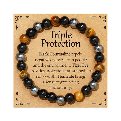 Aretas Black Tourmaline Eye of The Tiger Hematite Crystal Beaded Bracelet for Women Ladies Gemstone Tigers Eyes Natural Stone Anxiety Healing Jewellery Christmas Valentines Gifts for Her Girls