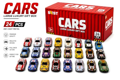 Image of Cable World 24 Pcs Die-Cast Metal Toy Cars for Kids with Car Storage Container & Thick Paper Parking Play Board, Pull Back Racing Cars, Large Luxury Gift Box, Toy Car Set for Kids