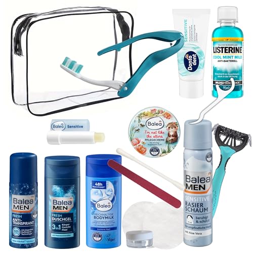 Travel Essentials im Handgepäck-freundlichen Pflege-Set – Transparente Kulturtasche gefüllt mit kleinen Kosmetik Produkten – Ideal als Carry-on Reisegrößen Set für die Flugreise (Männer)