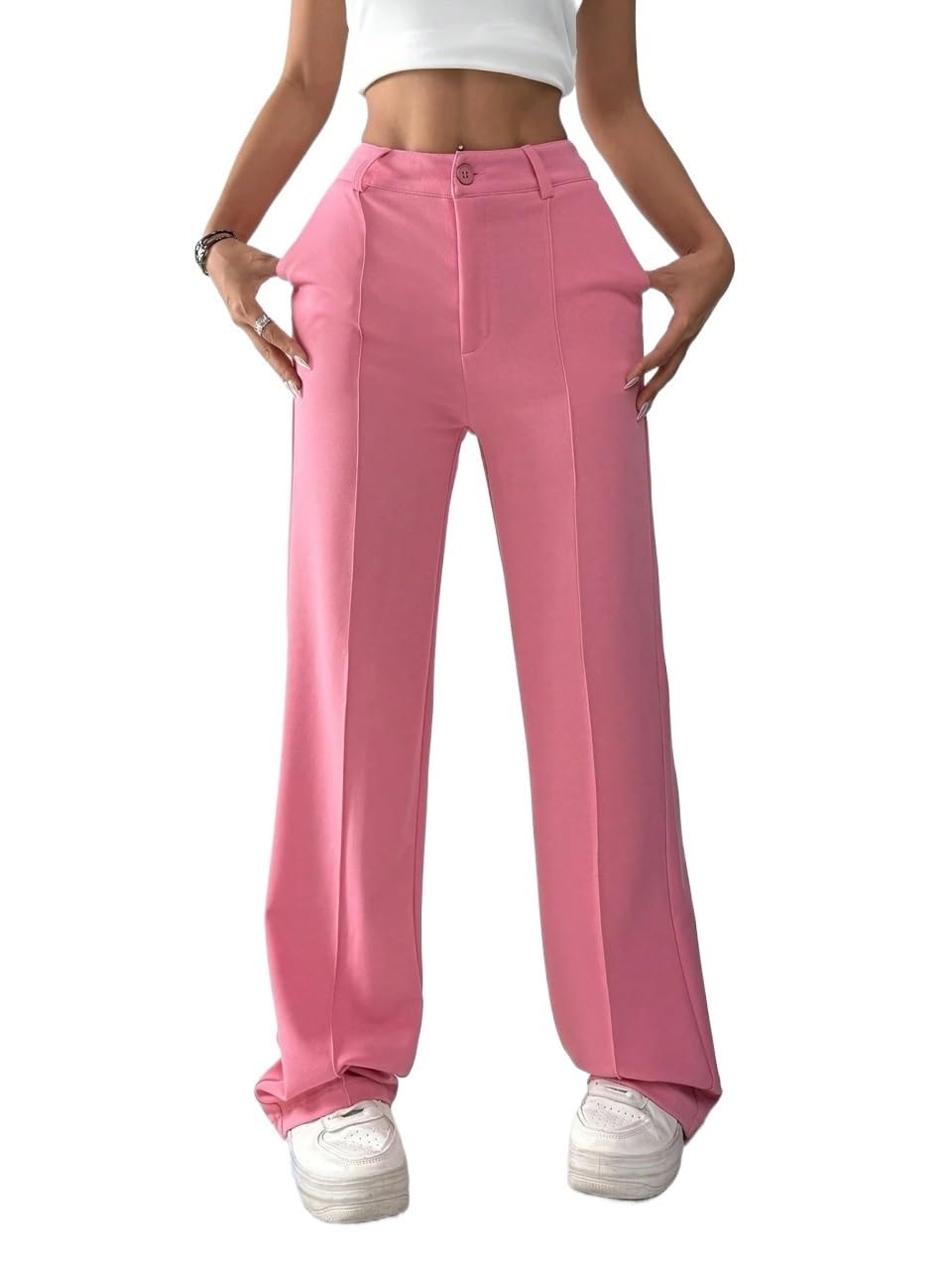 Womens Fall Suit Pants with Slanted Side Pockets Trousers Pink