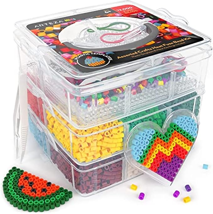 Arteza Hot Melt Beads for Kids, 12,000 Iron Beads, 12 Colors, 35 Different Designs, 5 Templates, 10 Key Rings, Kids Activity and Craft Supplies for Indoor Play and After School Activities