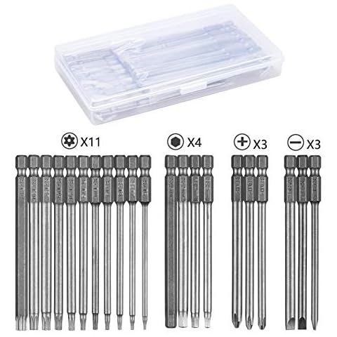 Linhon 21 Stück Schraubendreher Bit Satz Lang, Torx Bit Set Magnetisch T6-T40, Hex, PH2, Schlitz Bitsatz 1/4 Zoll Sechskant, 100mm Extra Lang, S2 Stahl, PP Box Paket Cover