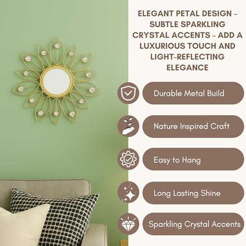 Image of Metal Sunflower Mirror Wall Decor with Crystals | Decorative Mirror Wall Mounted Mirror Wall Decor for Living Room Beautiful Modern Designer | Hanging Mirror Sculpture Set of 3 (Crystal Golden)
