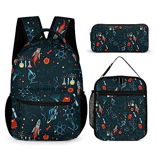 Science Pattern 3 Piece Backpack Sets With Lunch Bag Pencil Case Combination Hiking Travel Work