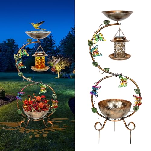 3 In 1 Bird Bath for Outside and Solar Bird Feeders Combo with Flower Planter Pedestal, 38' Metal Bird Baths Heavy Duty for Outdoors, Vintage Birdbaths for Garden Yard Lawn Decor -Waterproof