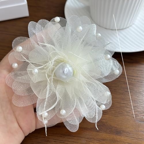 Image of Large Silk Camellia Flower Lapel Brooch Pin for Women Girls Handmade Fabric Rose Flower Floral Feather Faux Pearl Brooches Pins Dainty for Wedding Party Dance Suit Dress Accessories Jewelry Gifts