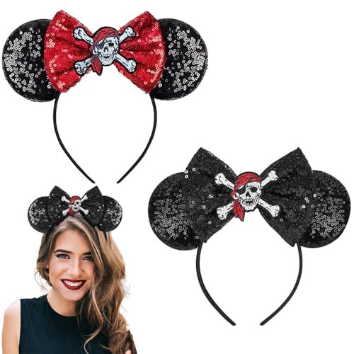 Lot de 2 serre-têtes avec oreilles de souris de pirate et oreilles de souris scintillantes avec tête de mort et os croisés rouges - Accessoire de costume...