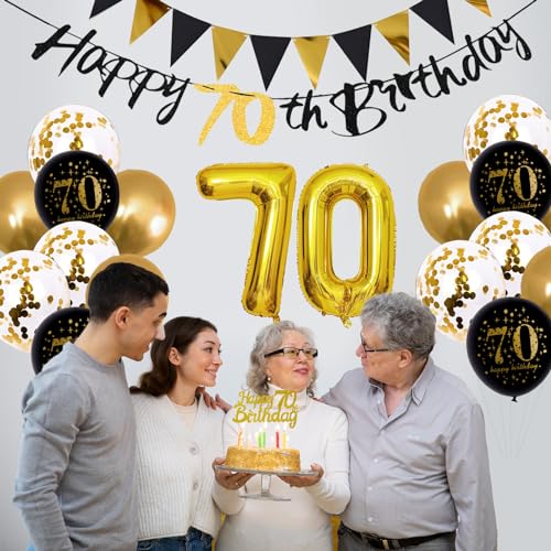 Image of Jobkoo 70th Birthday Decorations Men, Black Gold 70th Birthday Party Decoration Women Golden Black 70th Balloons 70th Cake Topper 70th Banner for 70 Year Old Party Supplies