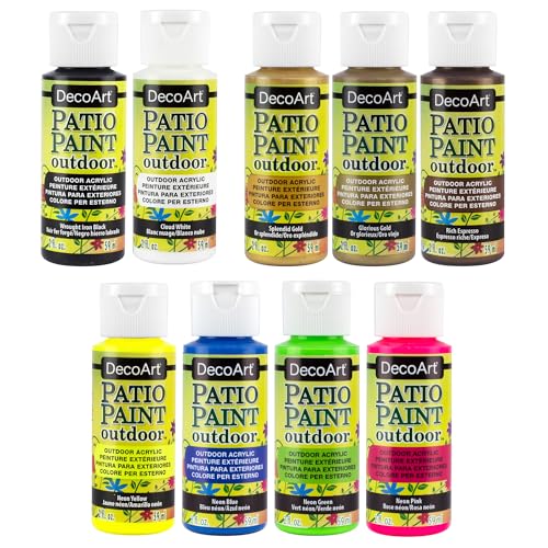 DecoArt Patio Outdoor Paint Set – 9 Neon & Metallic Colors (2 fl oz Bottles) – Outdoor Weatherproof Paints for Garden, Patio & Creative DIY Projects