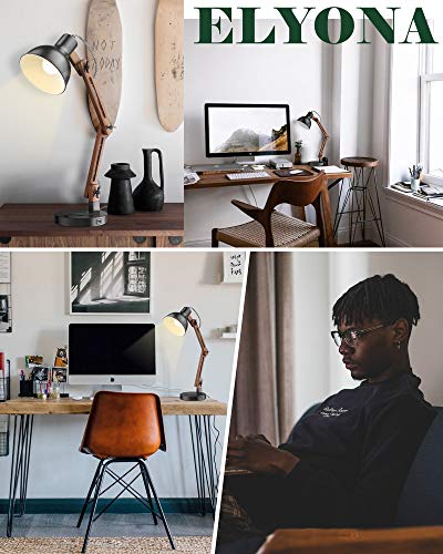 ELYONA Swing Arm Desk Lamp, Wood Table Lamp with Wireless Charging & 2 USB Ports, Adjustable Office Lamp, Black Modern Reading Lights for College Dorm, Study, Living Room, Bedroom