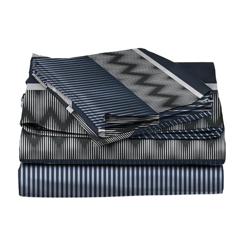 Image of BLISSHOME SoftTouch 150TC Cotton King Size Printed Bedsheet with 2 Pillow Covers for Double Bed, Silky Smooth Bedding Set, Breathable, Easy Maintain, Geometric Pattern - Navy(228cm X 274cm)