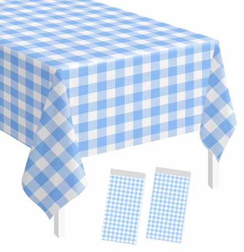 Image of SietDESEO 2 Pack Light Blue Gingham Tablecloth Rectangle 54 x 108 Blue and White Checkered Table Cloth Disposable Plaid Table Cover Plastic for Birthday Baby Shower Picnic Wedding Party Supplies