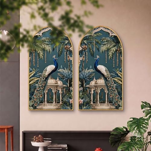 Image of Livin'luxe Set of 2 Peacock Wall Painting for Living Room, Tropical Palace Modern Artwork, PVC Golden Frame, Arch Shape Wall Decor for Bedroom, Hall, Office & Gift (30 x 32 Inch) RPNL-02-116